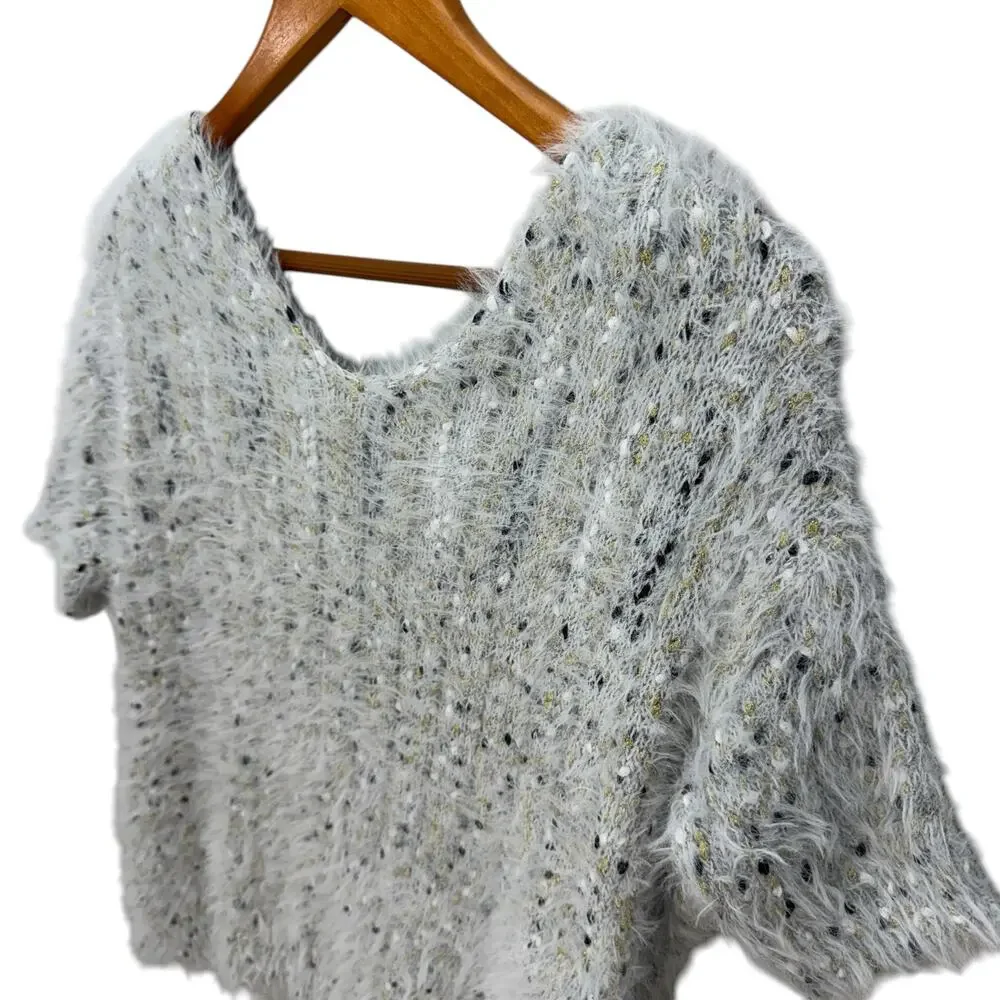 ROFFE Reversible Eyelash Knit Plunge V Neck Short Sleeve Fuzzy Gray Sweater L